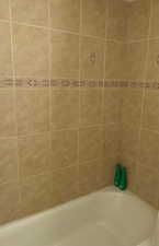 View of combined bath/shower with tile