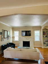 Living room with marble fireplace, wood finished floors, plenty of natural light, and arch walkways