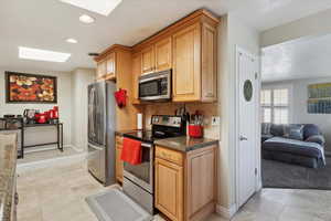 Kitchen featuring stainless steel appliances, a skylight, dark stone countertops, recessed lighting, and backsplash
