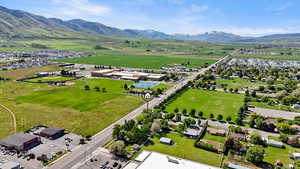 Drone / aerial view of a mountainous background