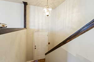 Stairway with a chandelier