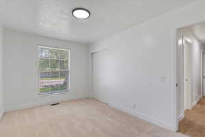Empty room with light carpet, baseboards, and a textured ceiling
