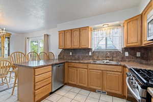 Kitchen with stainless steel appliances, a sink, a peninsula, tasteful backsplash, and a textured ceiling