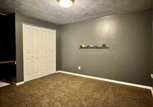 This room doesn't have a window. Could be used as a fitness room or converted to a theatre room. featuring carpet, a closet, a textured ceiling, and baseboards