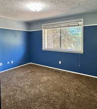 Spare room with carpet, a textured ceiling, and baseboards