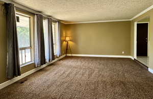 Carpeted empty room featuring a textured ceiling, crown molding, and baseboards