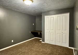 This room doesn't have a window. Could be used as a fitness room or converted to a theatre room. featuring carpet, a closet, a textured ceiling, and baseboards