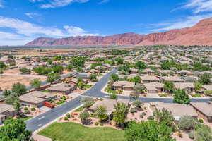 Aerial view of residential area with mountains