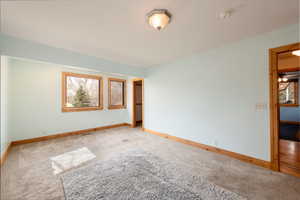 Empty room featuring carpet floors, baseboards, a smoke detector, and plenty of natural light