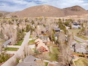 Aerial perspective of suburban area featuring a mountainous background