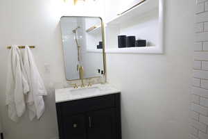 Full bath featuring vanity and a shower