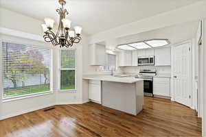 Kitchen with stainless steel appliances, a peninsula, dark wood-style flooring, and white cabinetry
