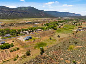 Aerial view of sparsely populated area with a mountain backdrop