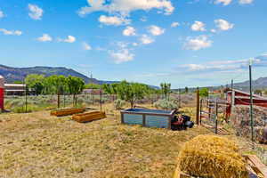 View of yard with a garden and a mountain view
