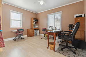 Office area with ceiling fan, crown molding, light wood finished floors, and baseboards