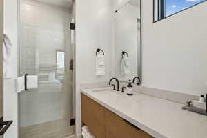 Full bathroom with vanity and a shower stall
