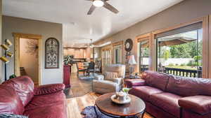 Living area featuring a ceiling fan, plenty of natural light, and light wood-type flooring