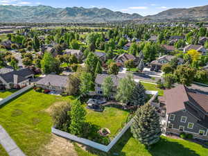 Aerial perspective of suburban area featuring a mountain backdrop
