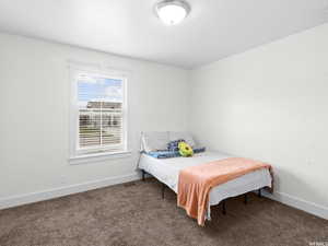 Carpeted bedroom with baseboards