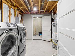 Washroom with secured water heater, washing machine and clothes dryer, and electric panel