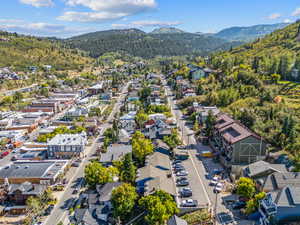 Aerial view of residential area with mountains and a forest