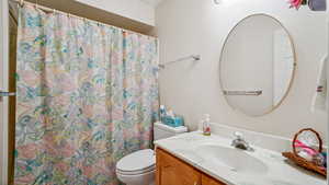 Full bathroom featuring vanity, toilet, and a shower with curtain