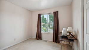 Office with light carpet and baseboards