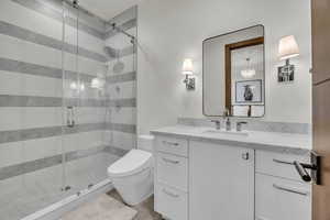 Full bath featuring vanity and a stall shower