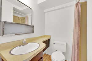 Bathroom featuring toilet, vanity, baseboards, and curtained shower