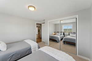 Bedroom with light carpet, a closet, and baseboards