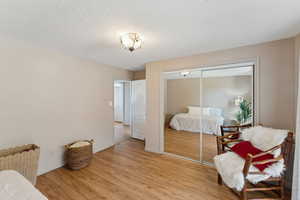 Bedroom with light wood finished floors, a closet, baseboards, and a textured ceiling