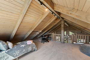 Carpeted bedroom featuring track lighting and wood ceiling
