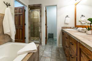 Dual vanity and jetted tub and walk-in shower and private water closet