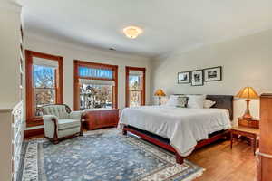 Bedroom featuring multiple windows, wood finished floors, and crown molding