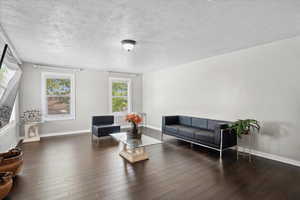 Living room featuring wood finished floors, a textured ceiling, and baseboards