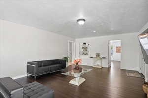Living room with hardwood / wood-style floors, baseboards, built in shelves, and a textured ceiling