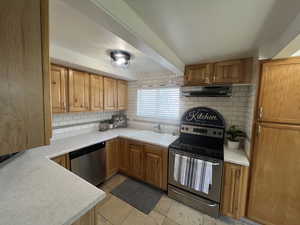 Kitchen featuring appliances with stainless steel finishes, a sink, ventilation hood, tasteful backsplash, and light countertops