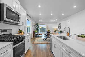 Kitchen with appliances with stainless steel finishes, a sink, dark wood finished floors, recessed lighting, and light countertops