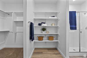 Walk in closet with wood finished floors
