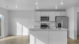 Kitchen with stainless steel appliances, a sink, baseboards, light wood-style flooring, and recessed lighting