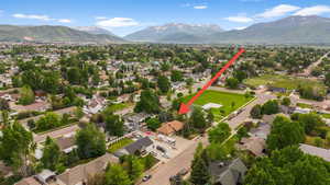 Aerial view of residential area with mountains