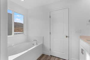 Bathroom with vanity, a bath, wood finished floors, and baseboards