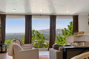 Living area featuring plenty of natural light, wood finished floors, and a mountain view