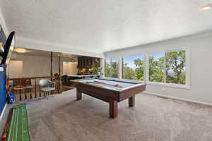 Rec room featuring pool table, carpet, ornamental molding, a textured ceiling, and baseboards
