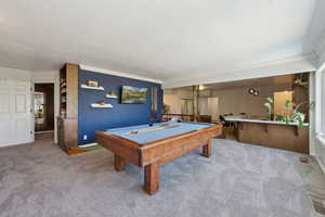 Playroom featuring carpet floors, crown molding, and billiards