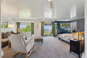 Carpeted bedroom featuring crown molding and a textured ceiling