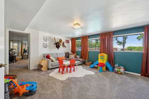 Recreation room with carpet floors, baseboards, and a textured ceiling