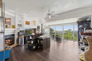 Living room with a ceiling fan, a textured ceiling, wood finished floors, a glass covered fireplace, and ornamental molding