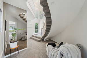 Stairs with carpet floors, a high ceiling, and baseboards