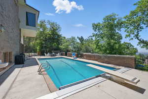 View of pool with a patio area and a diving board